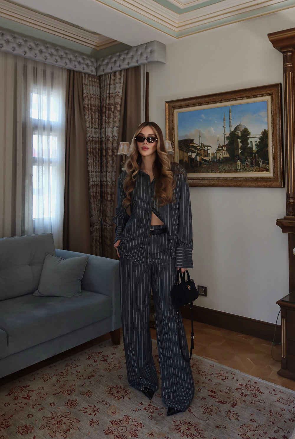 Antrasit Çizgili Vatkalı Gömlek Pantolon Takım - 25251