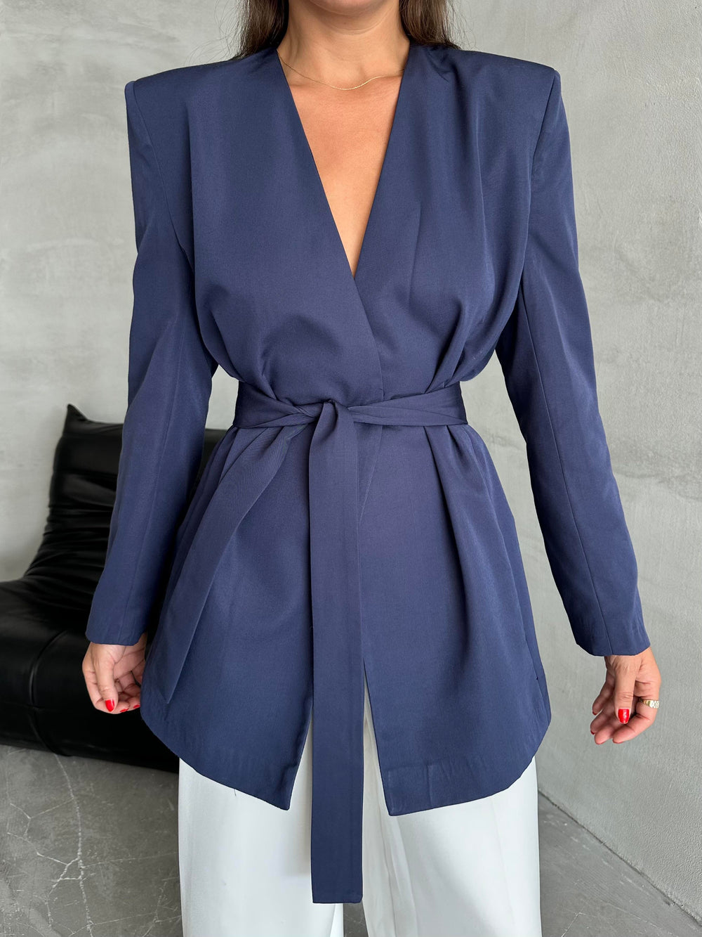 Lacivert Elegant Kuşaklı Ceket