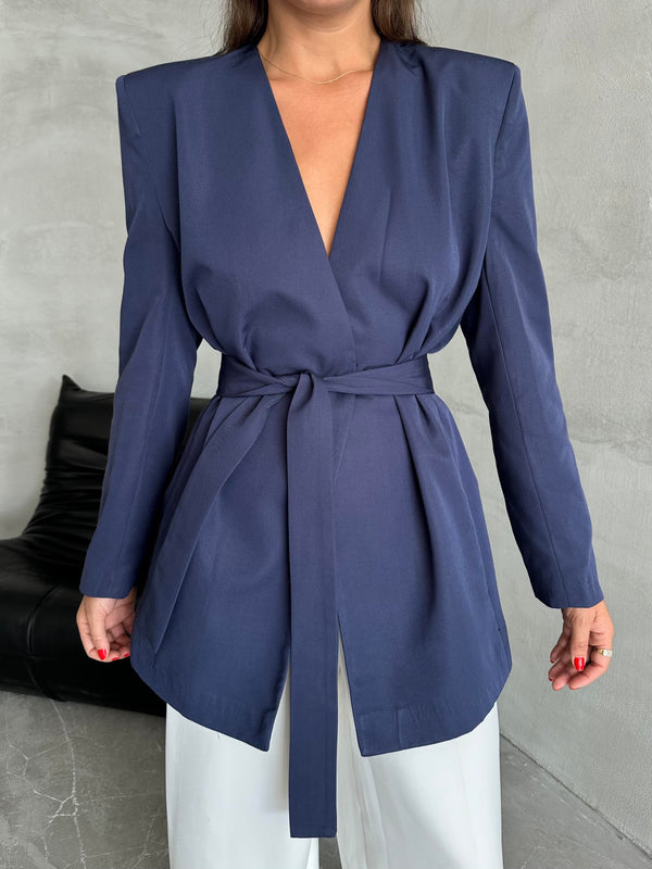 Lacivert Elegant Kuşaklı Ceket