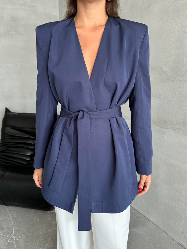 Lacivert Elegant Kuşaklı Ceket