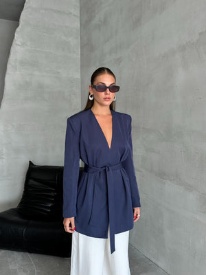 Lacivert Elegant Kuşaklı Ceket