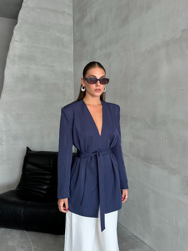 Lacivert Elegant Kuşaklı Ceket