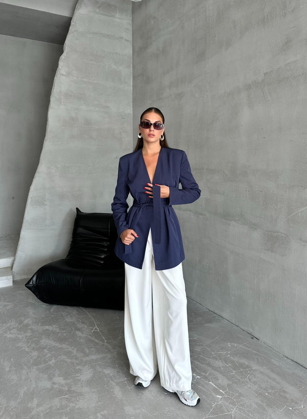 Lacivert Elegant Kuşaklı Ceket