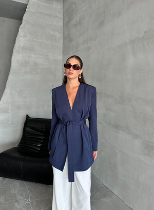 Lacivert Elegant Kuşaklı Ceket