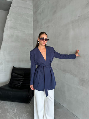 Lacivert Elegant Kuşaklı Ceket
