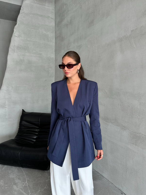 Lacivert Elegant Kuşaklı Ceket