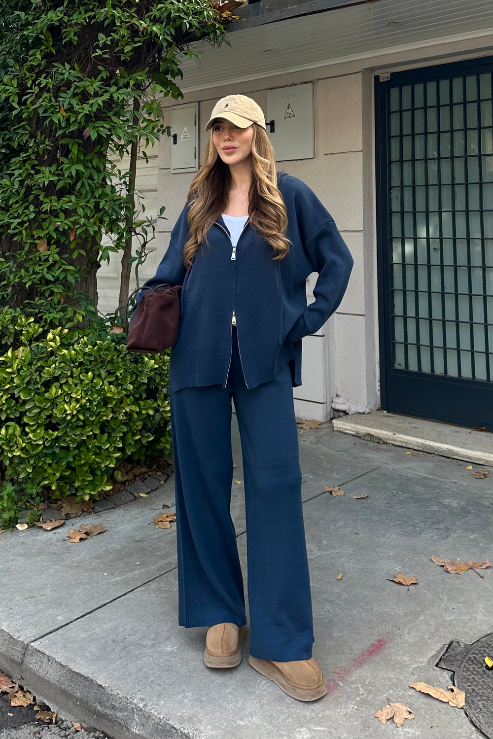 Lacivert Fermuarlı Kapüşonlu Triko Takım - 0511