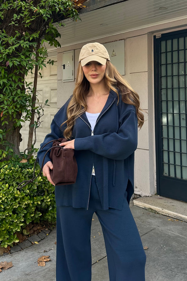Lacivert Fermuarlı Kapüşonlu Triko Takım - 0511