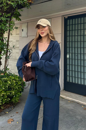 Lacivert Fermuarlı Kapüşonlu Triko Takım - 0511