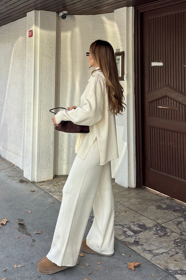 Krem Fermuarlı Kapüşonlu Triko Takım - 0511