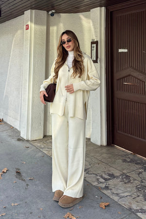 Krem Fermuarlı Kapüşonlu Triko Takım - 0511