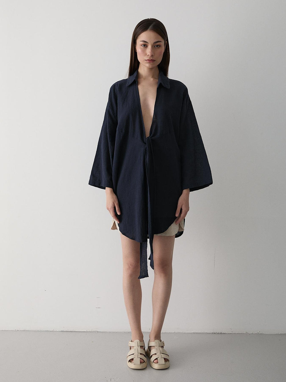 Lacivert Flam Keten Kimono Gömlek
