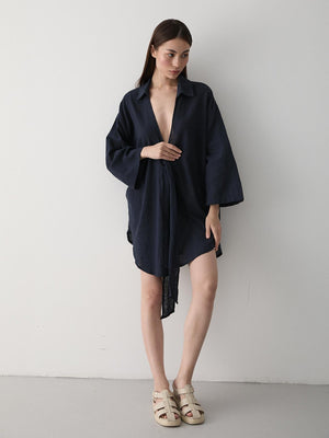 Lacivert Flam Keten Kimono Gömlek