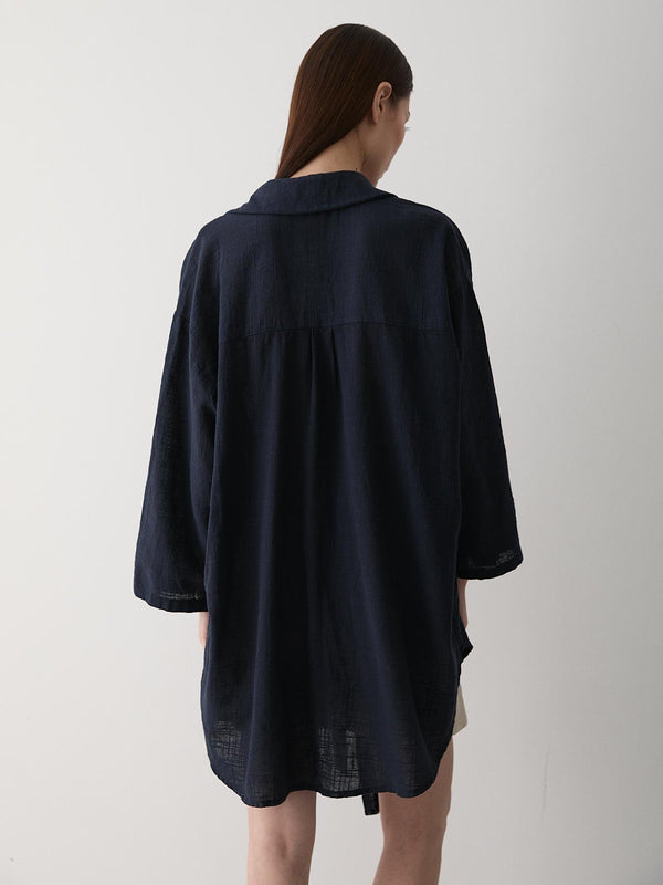 Lacivert Flam Keten Kimono Gömlek