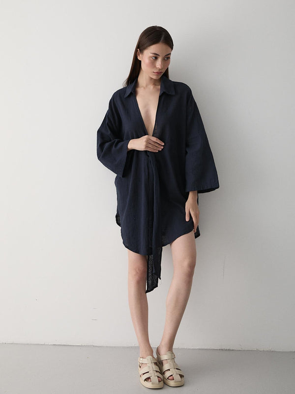 Lacivert Flam Keten Kimono Gömlek