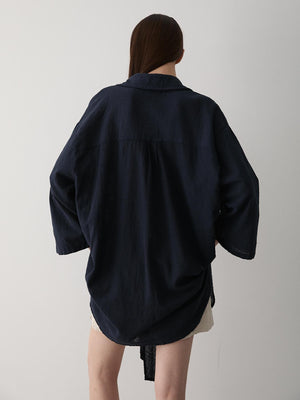 Lacivert Flam Keten Kimono Gömlek