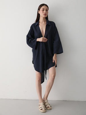 Lacivert Flam Keten Kimono Gömlek