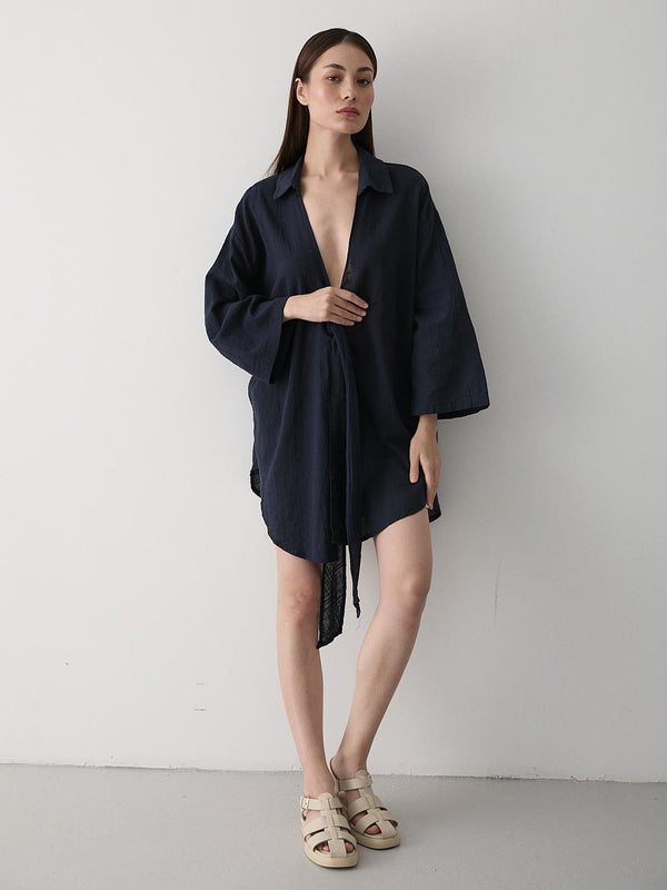 Lacivert Flam Keten Kimono Gömlek