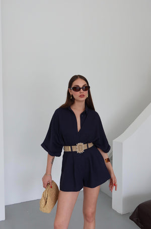 Lacivert Hasır Kemerli Gömlek Şort Takım