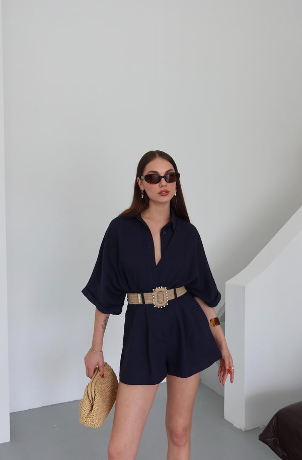 Lacivert Hasır Kemerli Gömlek Şort Takım