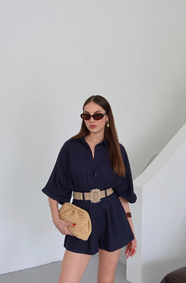 Lacivert Hasır Kemerli Gömlek Şort Takım