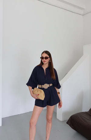 Lacivert Hasır Kemerli Gömlek Şort Takım