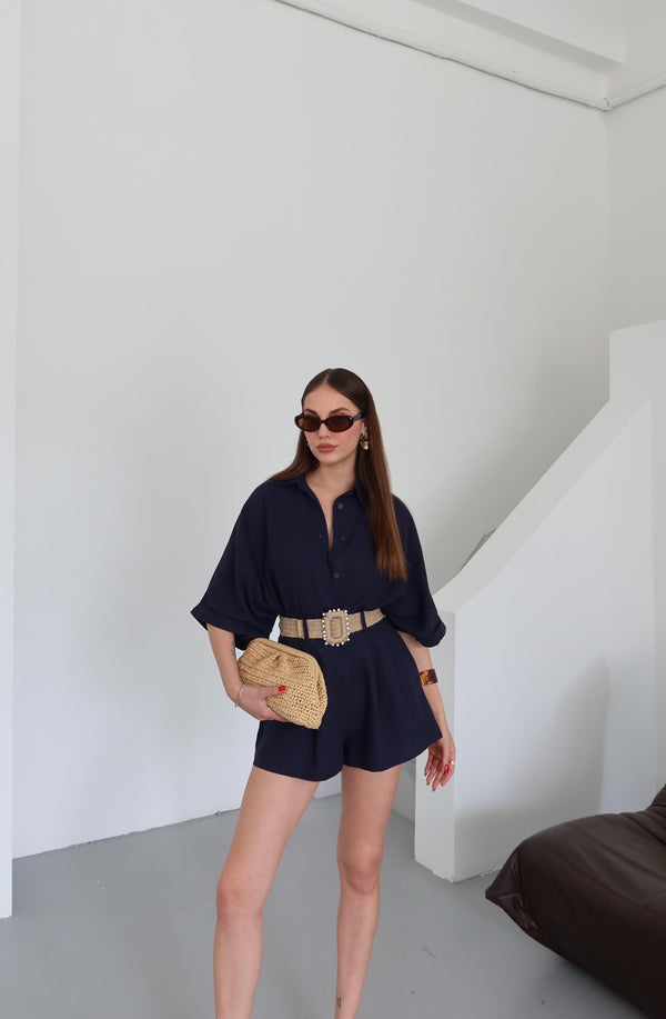 Lacivert Hasır Kemerli Gömlek Şort Takım