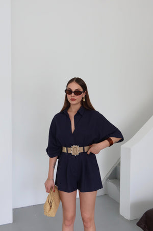 Lacivert Hasır Kemerli Gömlek Şort Takım