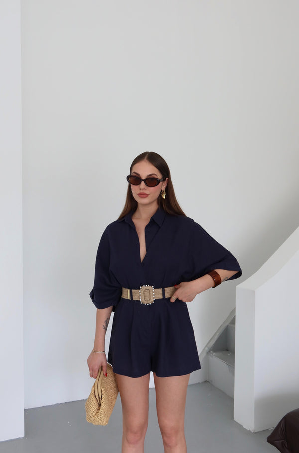 Lacivert Hasır Kemerli Gömlek Şort Takım