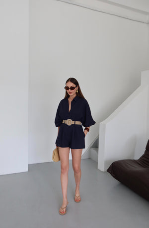 Lacivert Hasır Kemerli Gömlek Şort Takım