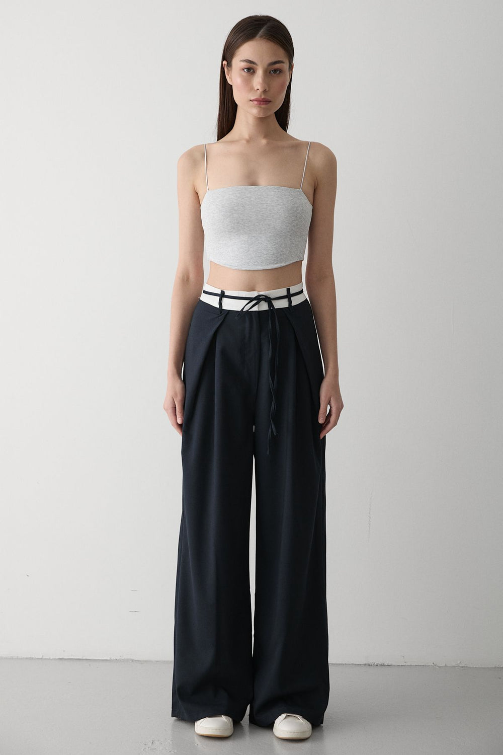 Lacivert İp Kemer Detaylı Tasarım Pantolon L - 3576