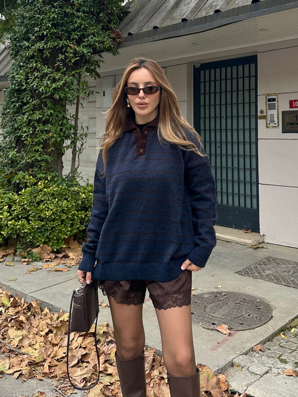 Lacivert - Kahverengi Çizgili Kazak -1510