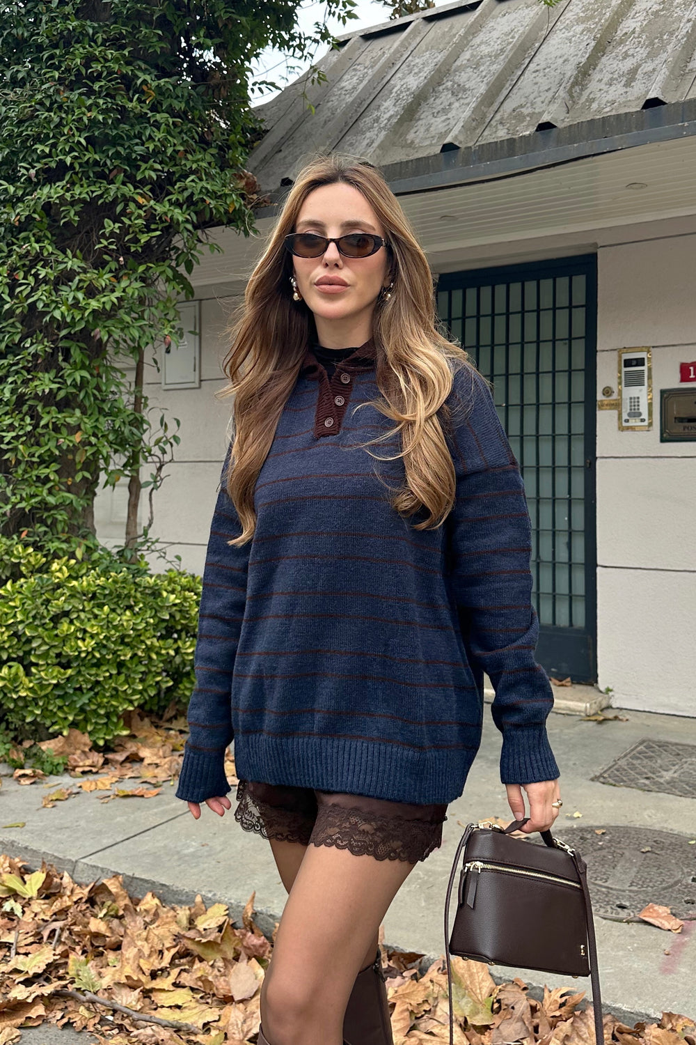 Lacivert - Kahverengi Çizgili Kazak -1510