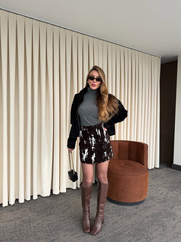 Kahverengi - Beyaz Flok Baskılı Etek - 261002