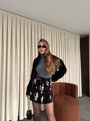 Kahverengi - Beyaz Flok Baskılı Etek - 261002