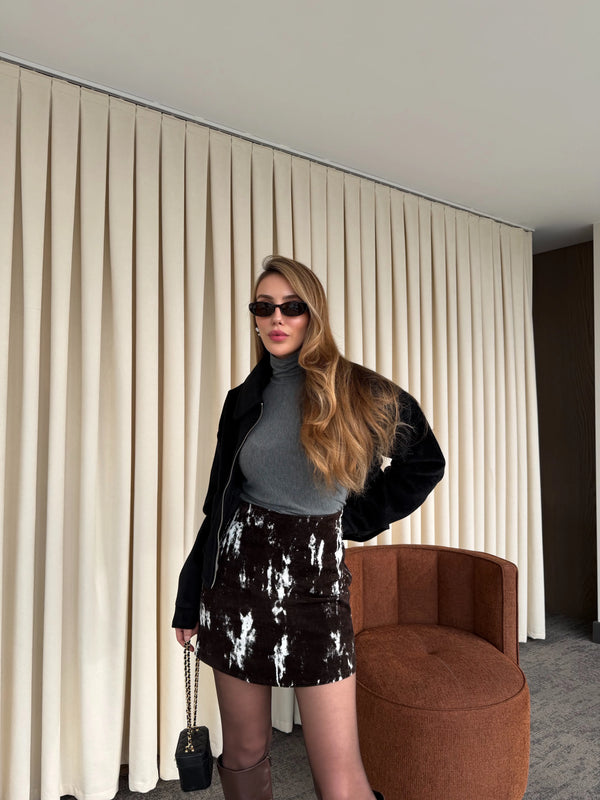 Kahverengi - Beyaz Flok Baskılı Etek - 261002