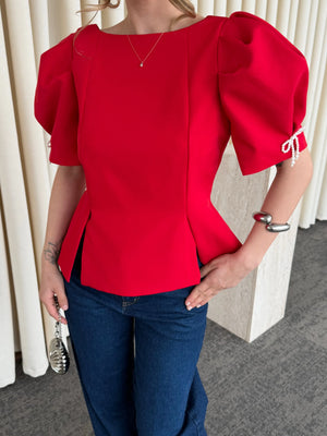 Kırmızı Kolu İnci Fiyonk Detaylı Bluz - 5001