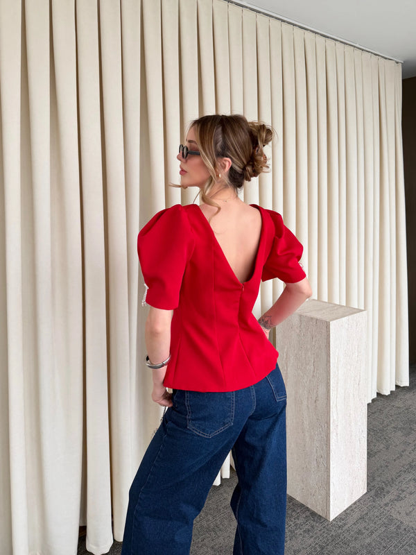 Kırmızı Kolu İnci Fiyonk Detaylı Bluz - 5001