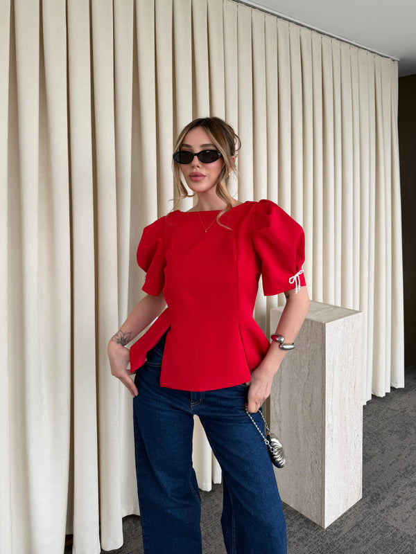 Kırmızı Kolu İnci Fiyonk Detaylı Bluz - 5001