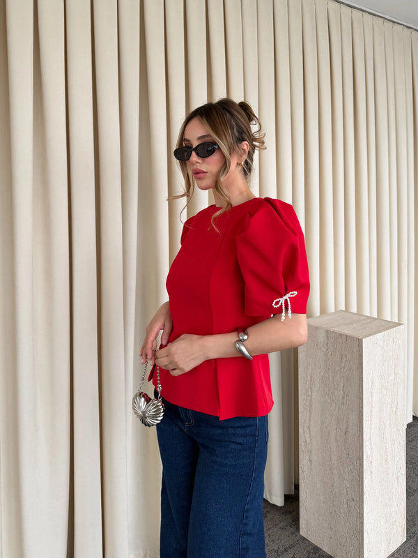 Kırmızı Kolu İnci Fiyonk Detaylı Bluz - 5001