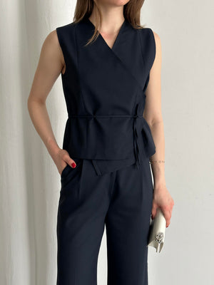 Lacivert Kruvaze Yaka Yelek Pantolon Takım