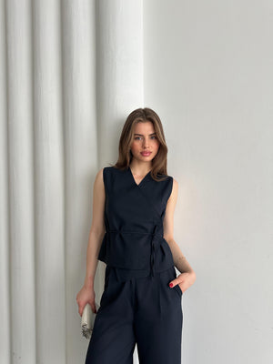 Lacivert Kruvaze Yaka Yelek Pantolon Takım