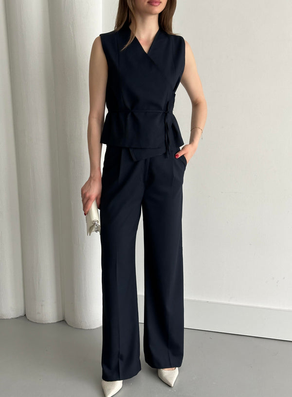 Lacivert Kruvaze Yaka Yelek Pantolon Takım