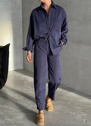 Lacivert Merlin Kemerli Gömlek Pantolon Takım