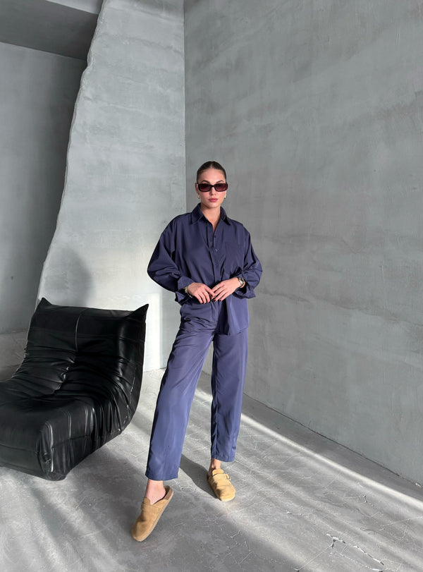 Lacivert Merlin Kemerli Gömlek Pantolon Takım