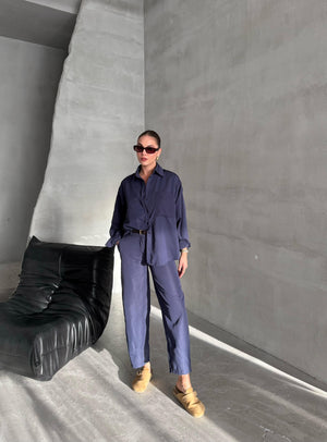 Lacivert Merlin Kemerli Gömlek Pantolon Takım