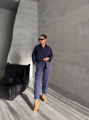 Lacivert Merlin Kemerli Gömlek Pantolon Takım