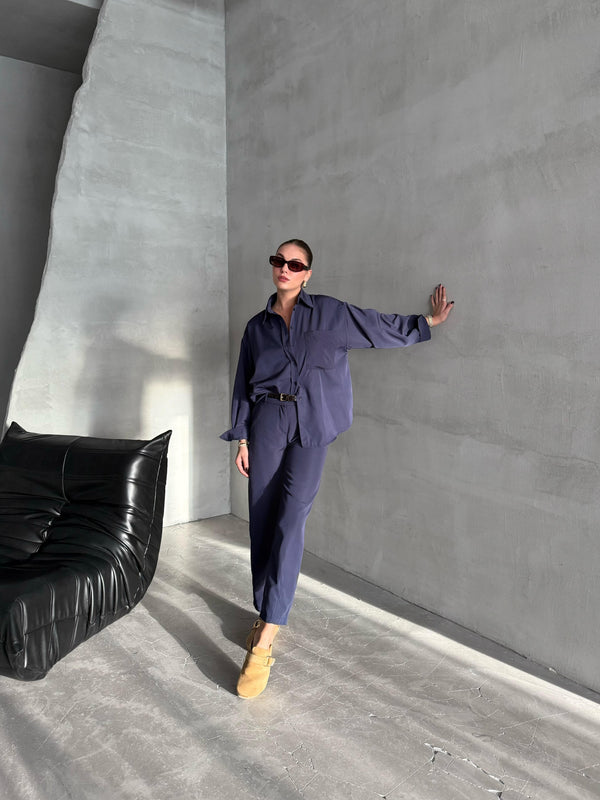 Lacivert Merlin Kemerli Gömlek Pantolon Takım