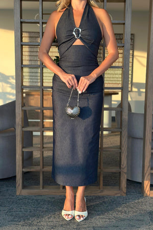 Lacivert Metal Broş Detaylı Denim Elbise