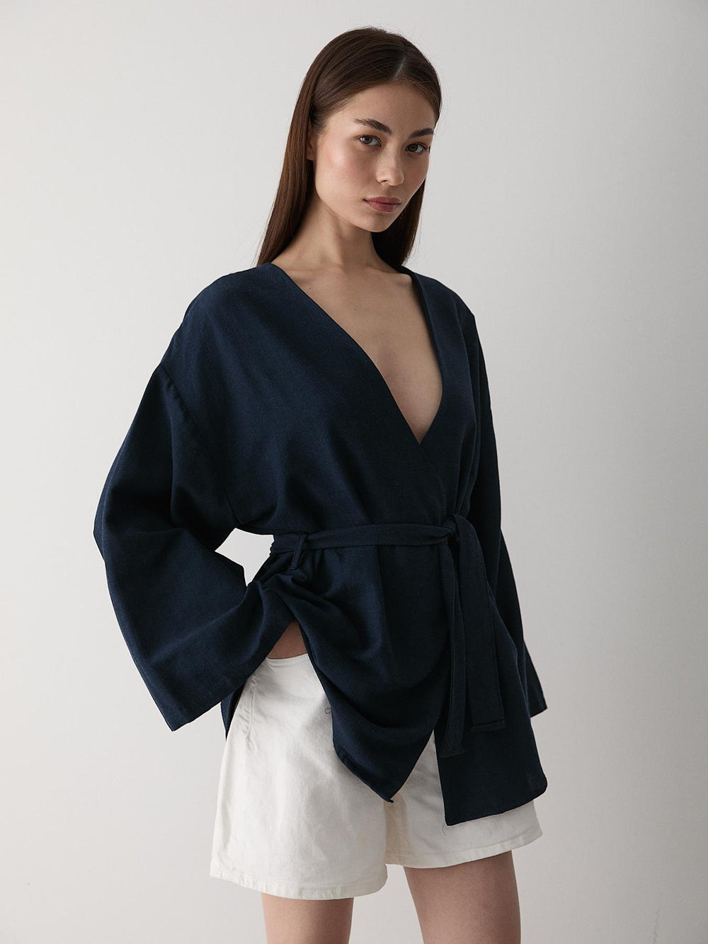 Lacivert Pamuklu Düğme Detaylı Kemerli Keten Kimono